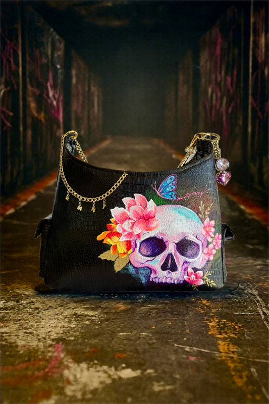 Luxury Hand-Painted Skull Work Bag – Convertible Shoulder to Crossbody with 24K Gold Hardware