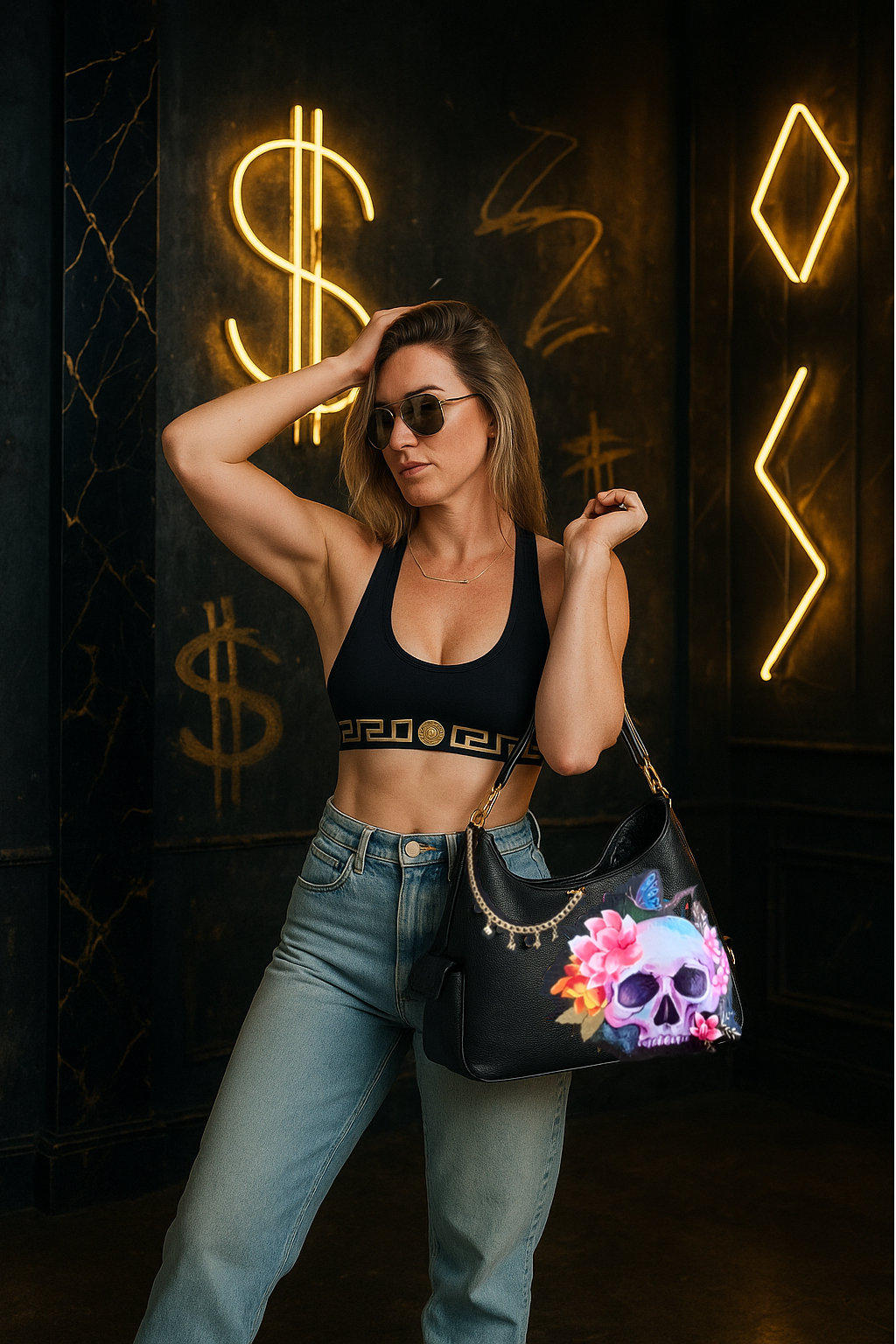Luxury Hand-Painted Skull Work Bag – Convertible Shoulder to Crossbody with 24K Gold Hardware