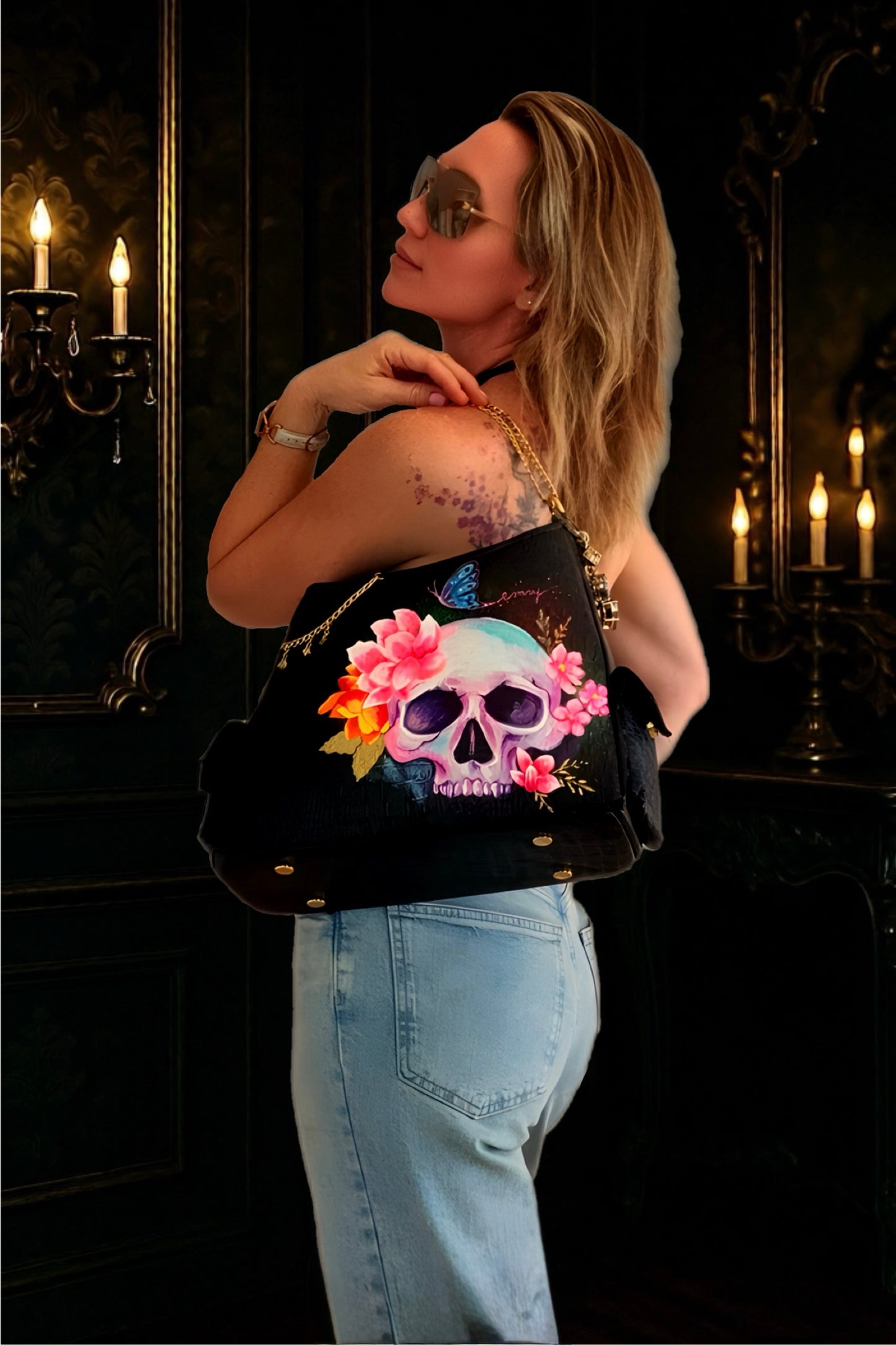 Luxury Hand-Painted Skull Work Bag – Convertible Shoulder to Crossbody with 24K Gold Hardware