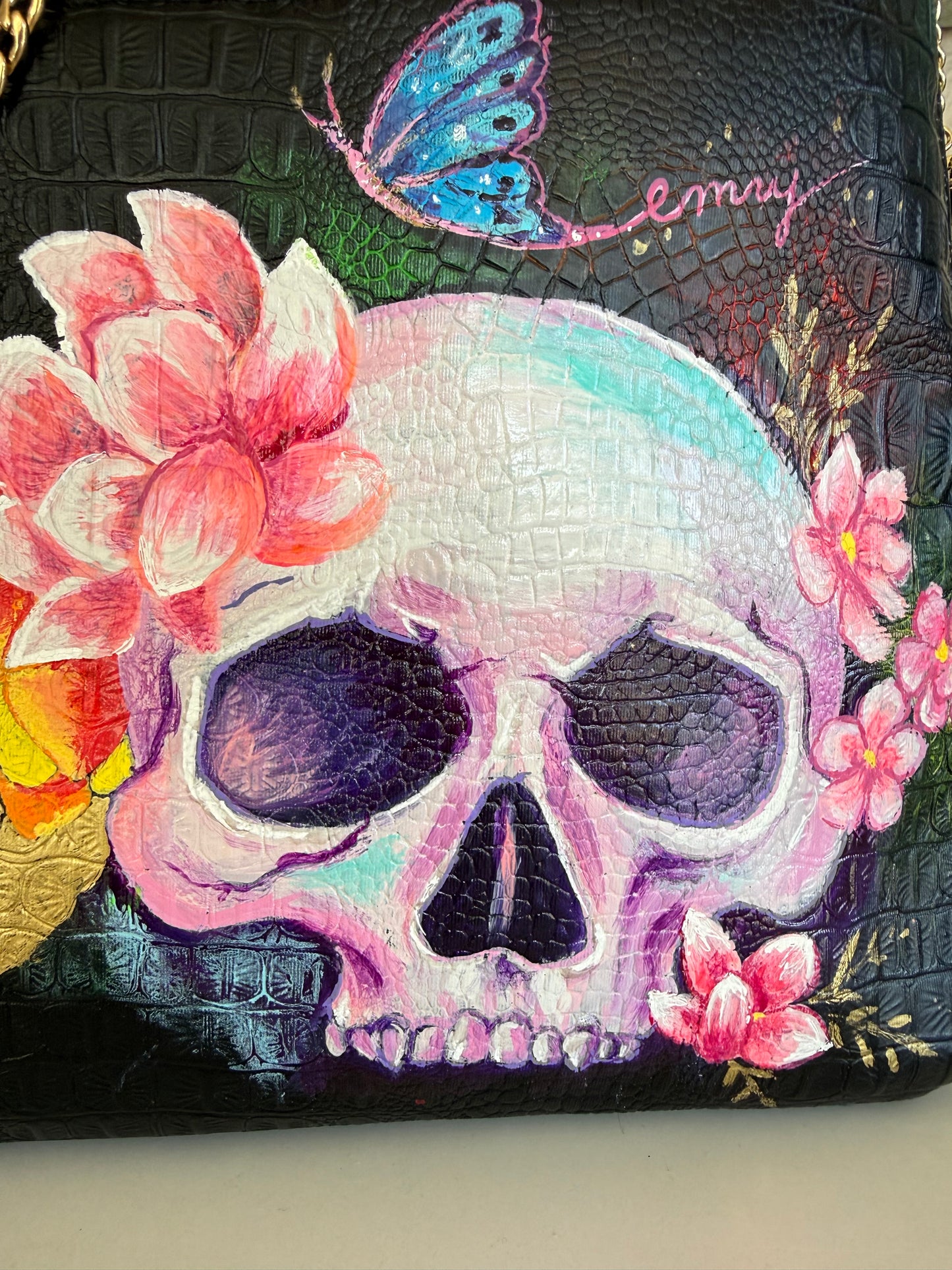 Luxury Hand-Painted Skull Work Bag – Convertible Shoulder to Crossbody with 24K Gold Hardware