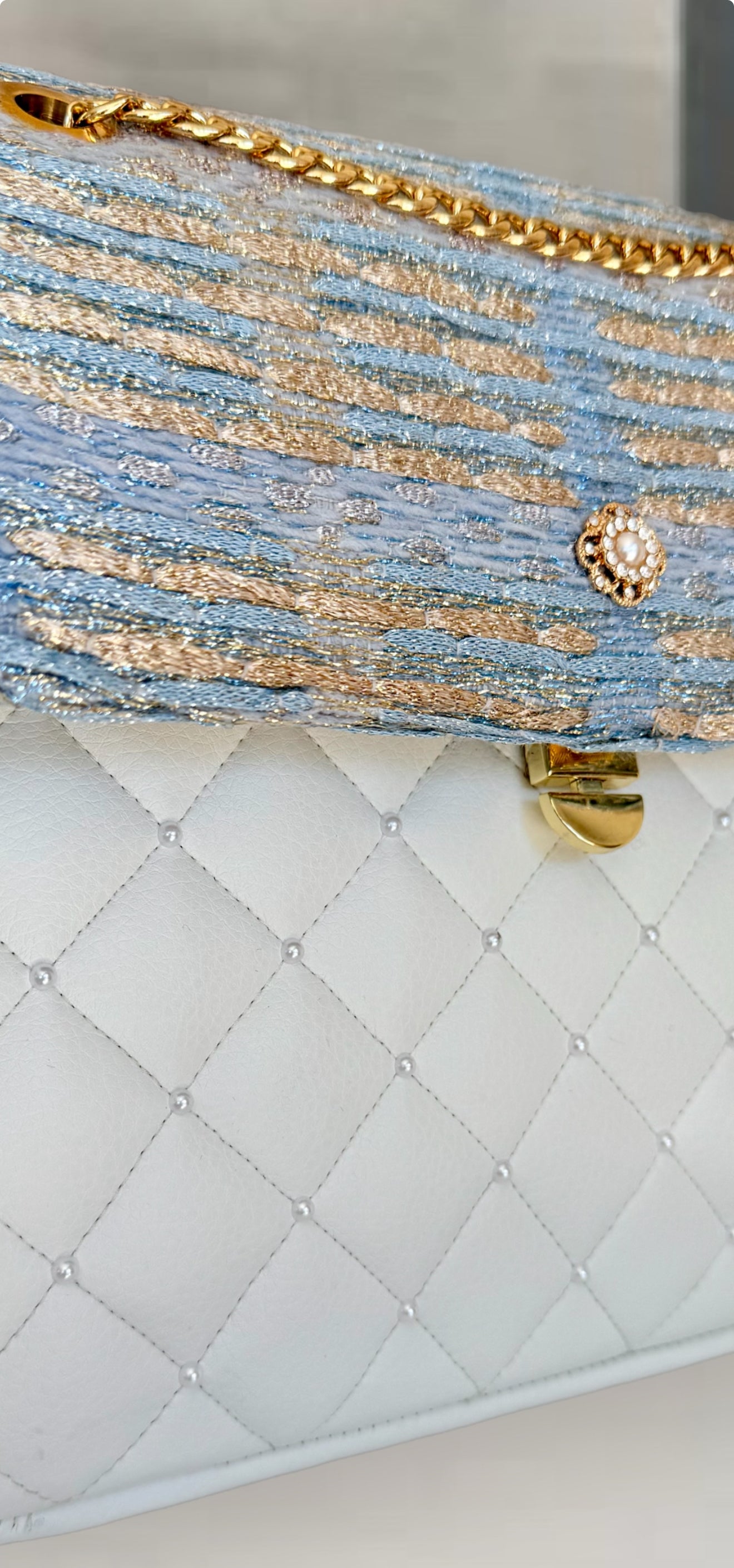 One-of-a-Kind French Couture Tweed Purse with Pearls & 24K Gold