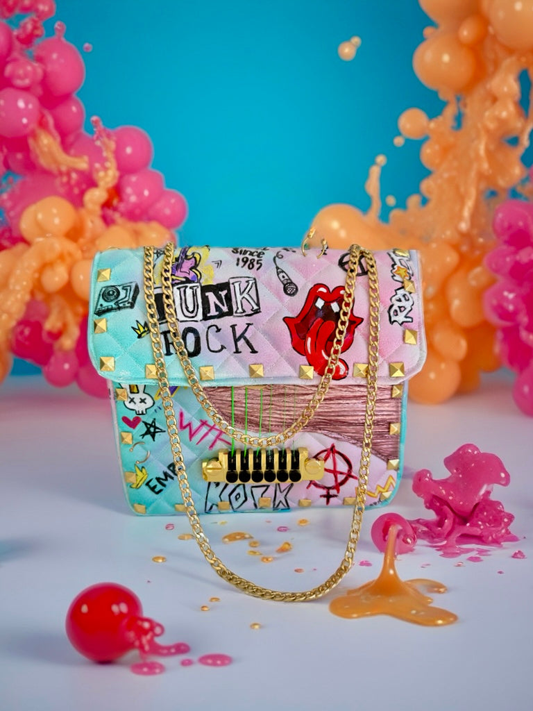 The "Riot Grrrl" 1-of-1 Hand-Painted Graffiti Bag | Real Guitar Hardware & 24K Gold