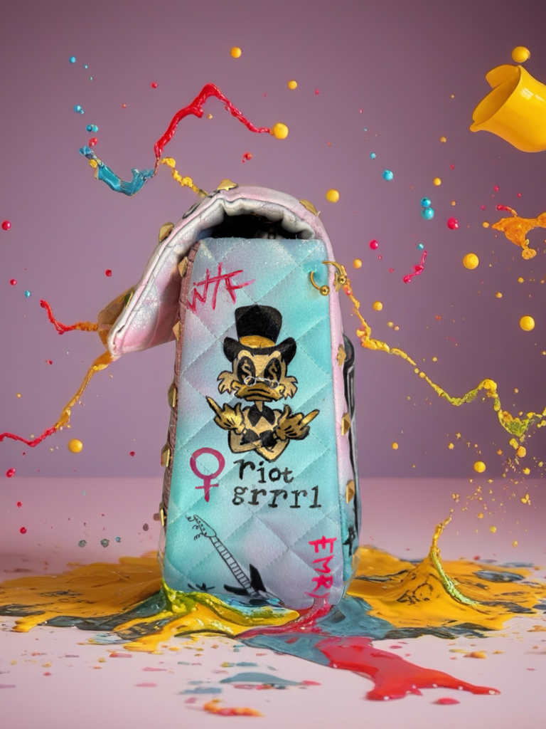 The "Riot Grrrl" 1-of-1 Hand-Painted Graffiti Bag | Real Guitar Hardware & 24K Gold