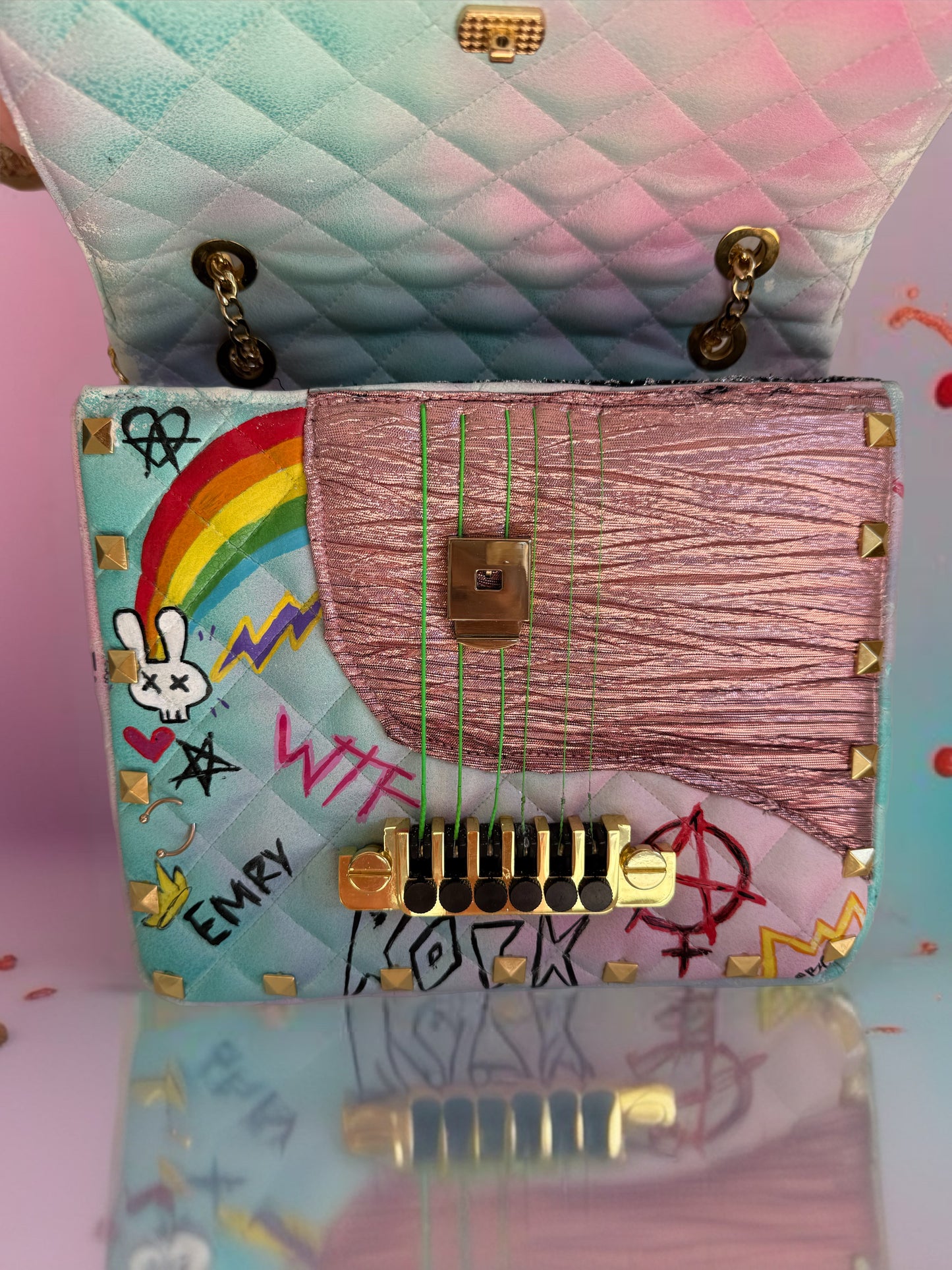 The "Riot Grrrl" 1-of-1 Hand-Painted Graffiti Bag | Real Guitar Hardware & 24K Gold