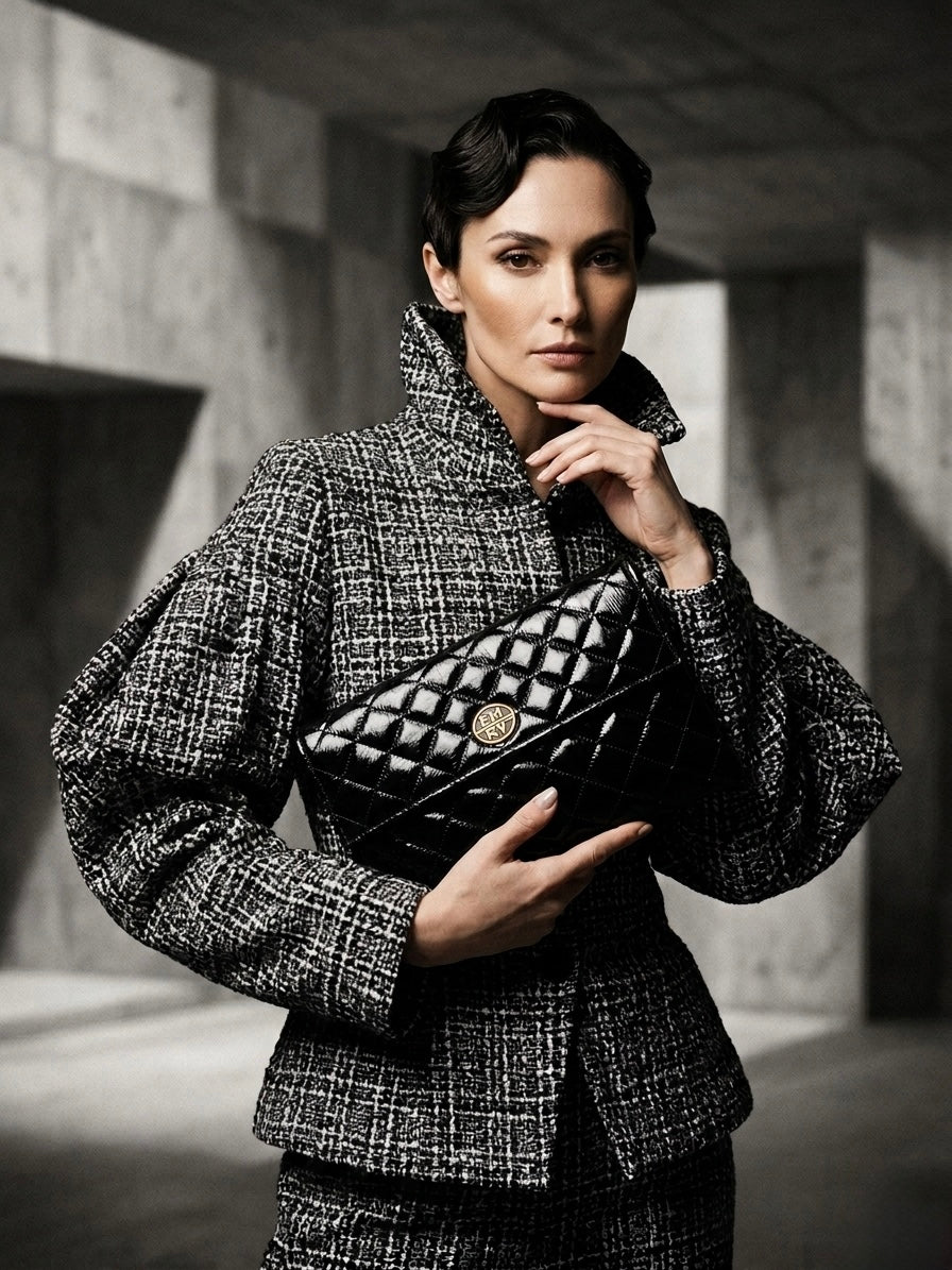 The EMRY Envelope – Black Tufted Lambskin & Crystal
