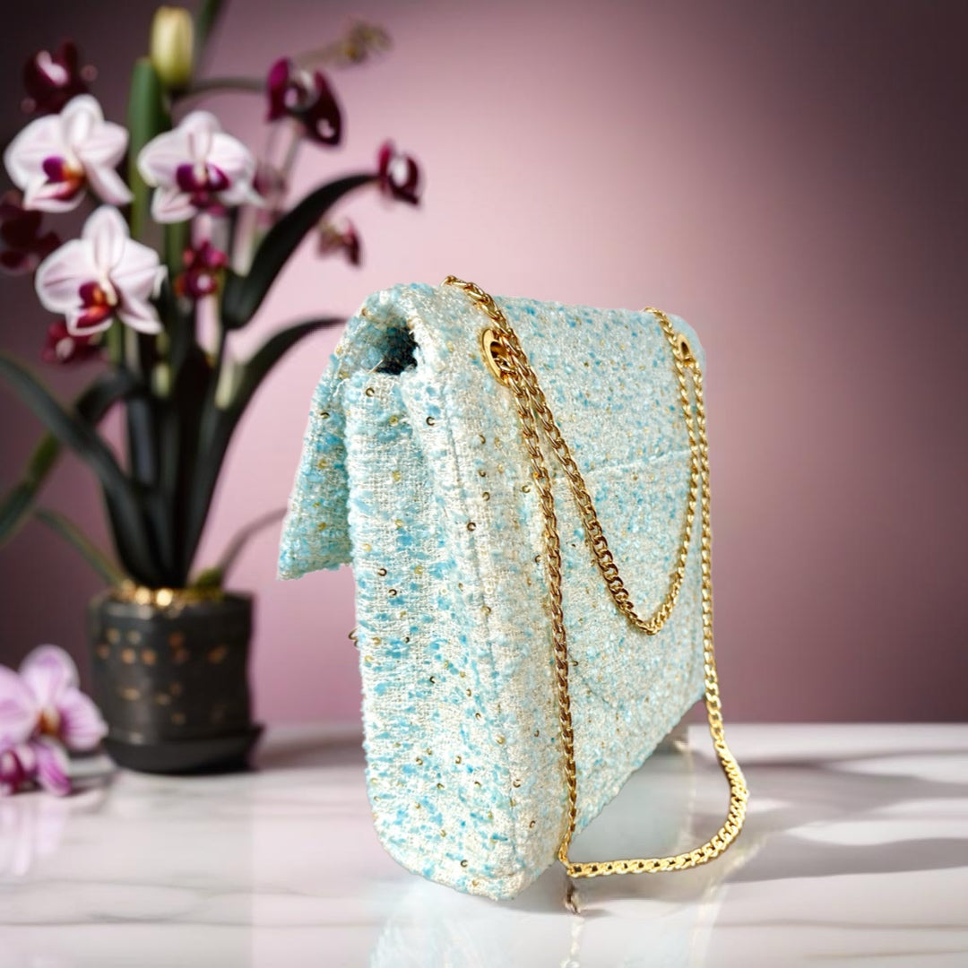 Blue tweed sequins handbag